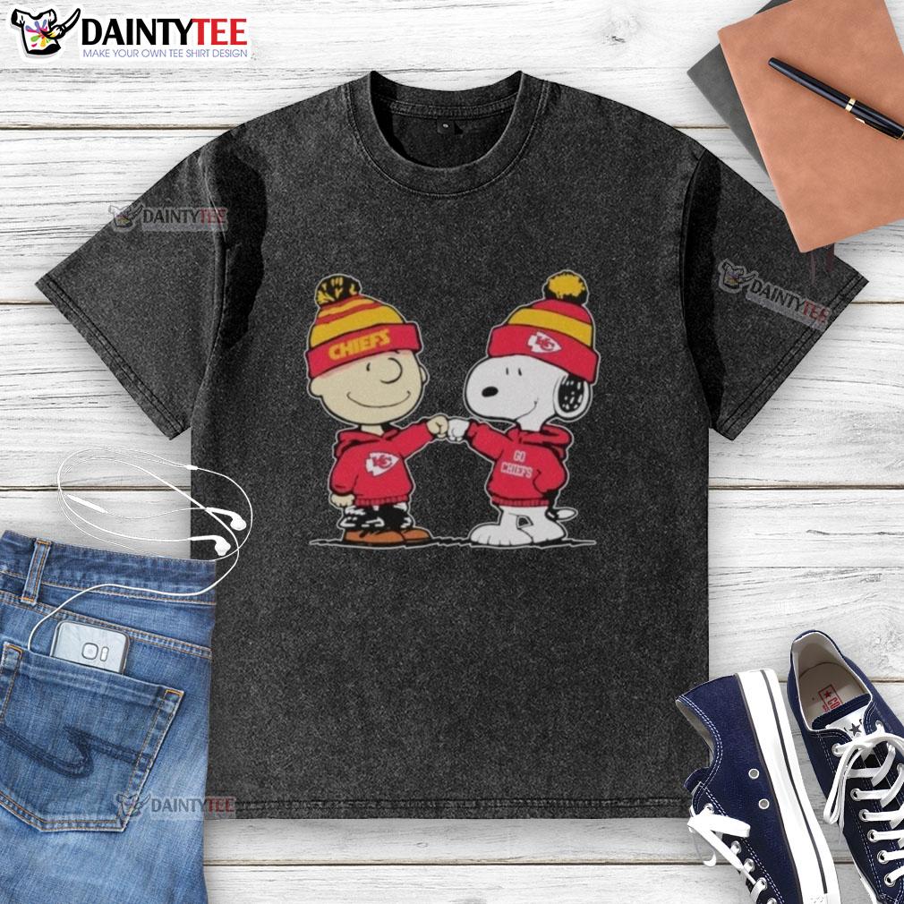 Alt Text: Cute Kansas City Chiefs Snoopy and Charlie Brown best friends graphic on a washed t-shirt for NFL fans.