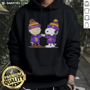 Cute Peanuts Charlie Brown and Snoopy fist bump in Minnesota Vikings football hoodie, perfect for fans and collectors.