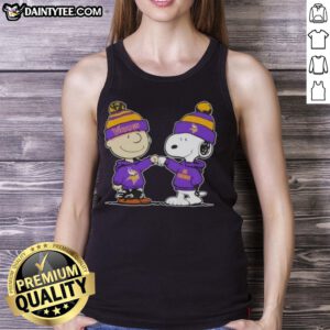 Alt Text: Cute Peanuts Charlie Brown fist bump with Snoopy in Minnesota Vikings football tank top design.