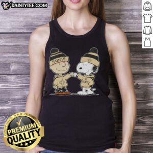Alt Text: Cute Peanuts Charlie Brown fist bump with Snoopy in New Orleans Saints football tank top, perfect for fans.
