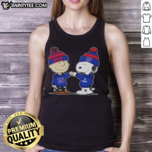 Alt Text: Cute Peanuts Charlie Brown and Snoopy fist bump in New York Giants football tank top, perfect for fans.