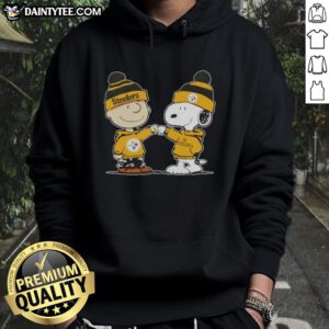 Alt Text: Cute Peanuts Charlie Brown and Snoopy fist bump in Pittsburgh Steelers football hoodie, perfect for fans.