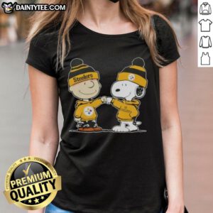 Alt Text: Cute Peanuts Charlie Brown and Snoopy fist bump in Pittsburgh Steelers football ladies tee design