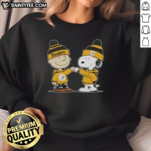 Alt Text: Cute Peanuts Charlie Brown and Snoopy fist bump in Pittsburgh Steelers football sweatshirt design.