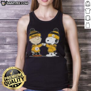 Cute Peanuts Charlie Brown fist bump with Snoopy, wearing Pittsburgh Steelers football tank top, perfect for fans.