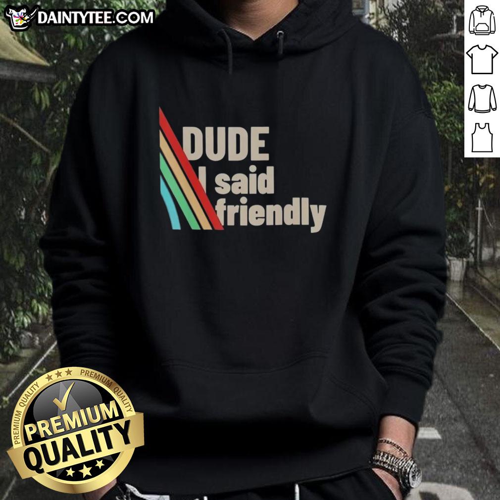 Funny dude wearing a Friendly ARC Raiders hoodie, showcasing a playful design and vibrant colors, perfect for fans.
