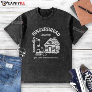 Alt Text: Funny Gingerbread Architects washed t-shirt featuring a playful gingerbread design, perfect for festive fashion.