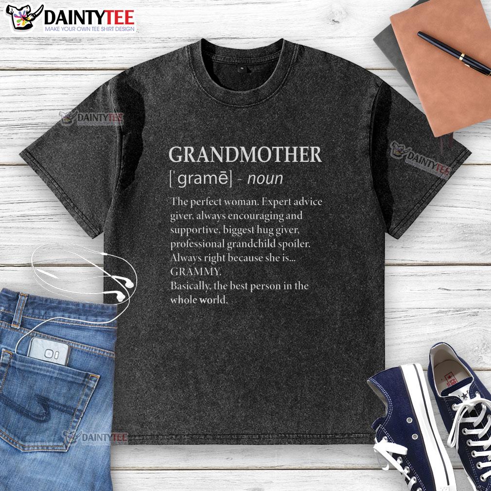 Funny definition of 'Grandma' on a washed T-shirt, showcasing a humorous take on grandmothers and family love.