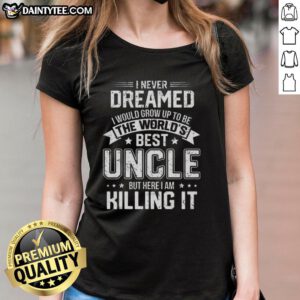 Alt Text: Funny lettered tee that says I Never Dreamed I Would Grow Up To Be The World's Best Uncle for proud uncles.