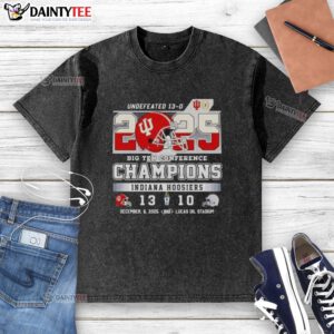 Funny Indiana Hoosiers Undefeated Big Ten Conference Champions 2025 washed t-shirt design featuring team colors and logo.