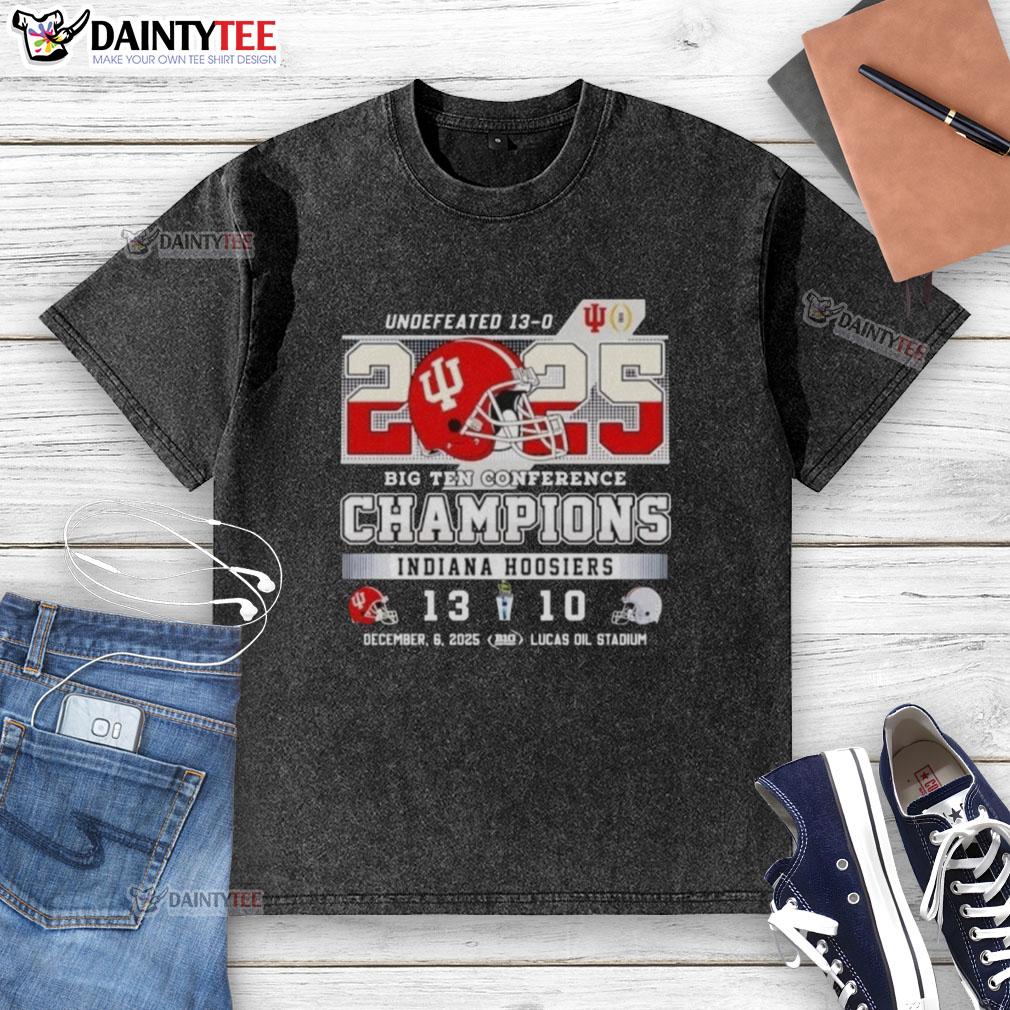 Funny Indiana Hoosiers Undefeated Big Ten Conference Champions 2025 washed t-shirt design featuring team colors and logo.