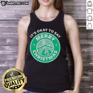 Funny 'It's Okay to Say Merry Christmas' logo tank top design, perfect for holiday celebrations and festive wear.