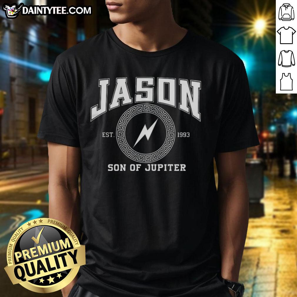 Funny Jason Son of Jupiter Storm Bringer T-Shirt featuring a humorous graphic design for fans of mythology and adventure.
