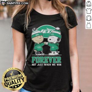Funny New York Jets X Charlie Brown tee featuring Snoopy, perfect for fans, celebrating forever loyalty to the team.
