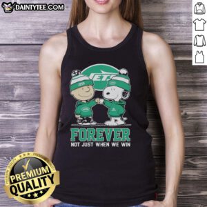 Funny New York Jets X Charlie Brown tank top featuring Snoopy with 'Forever, Not Just When We Win' slogan.