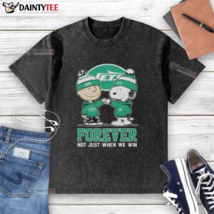 Funny New York Jets X Charlie Brown vs Snoopy t-shirt design with 'Forever, Not Just When We Win' slogan.