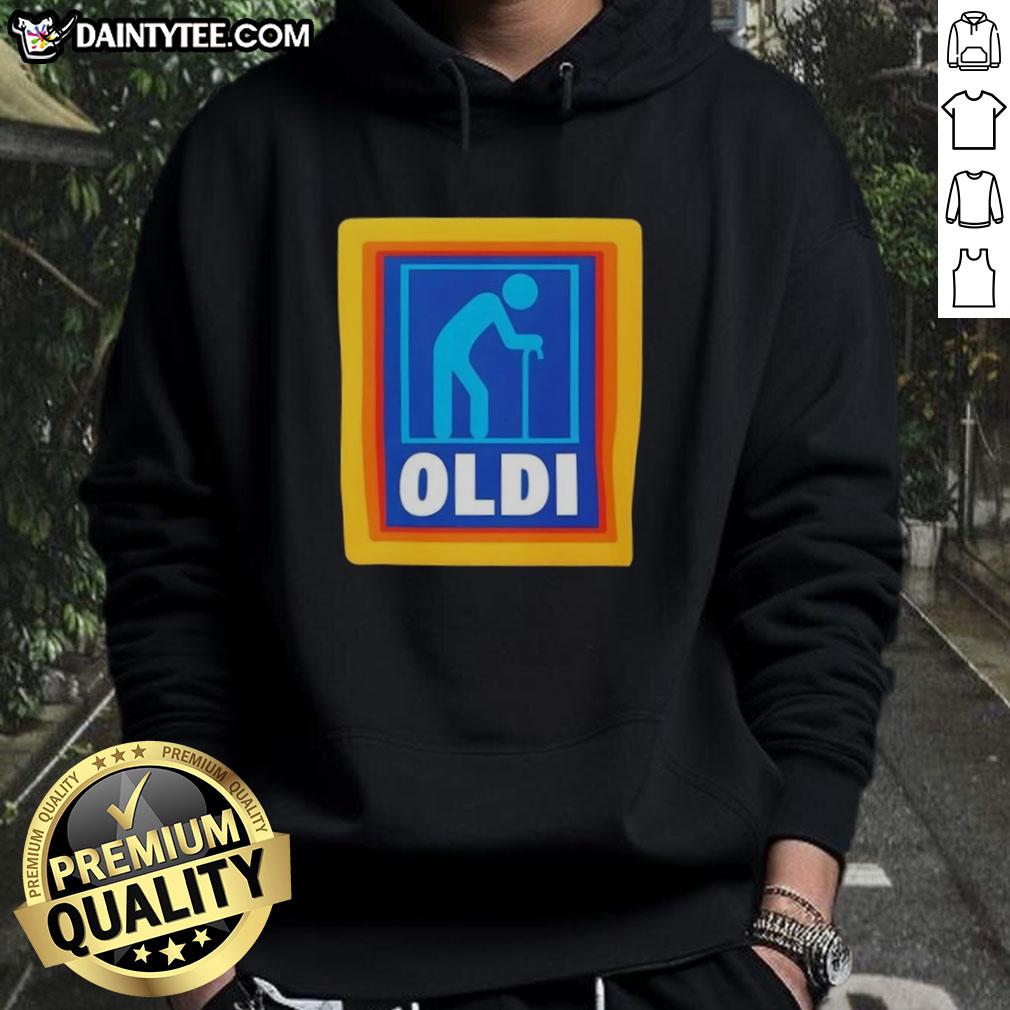 Alt Text: Funny OLDI Senior Aldi logo parody hoodie featuring a playful design for humor and style.