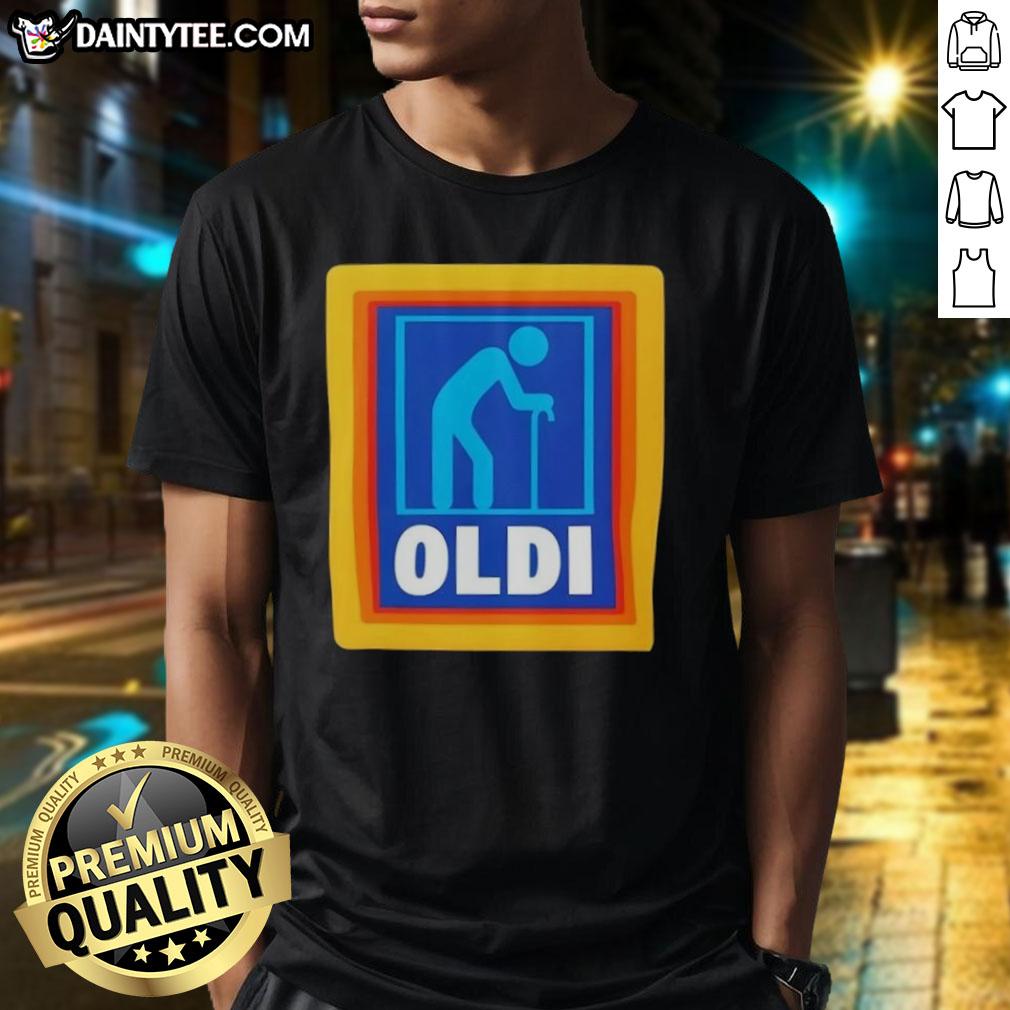 Funny Oldi Senior Aldi Logo Parody T-Shirt featuring a humorous twist on the classic Aldi logo for seniors.