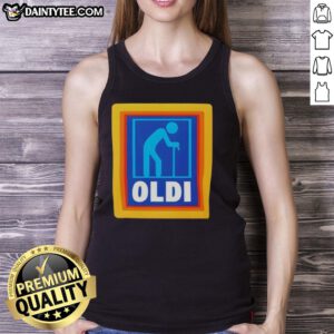 Funny OLDI senior Aldi logo parody tank top design featuring humor and playful graphics for older adults.