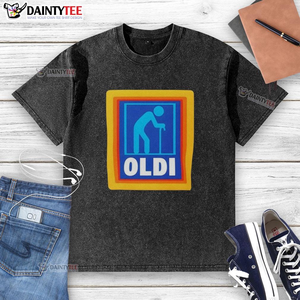 Funny OLDI senior Aldi logo parody on a washed t-shirt, perfect for humor and casual wear enthusiasts.