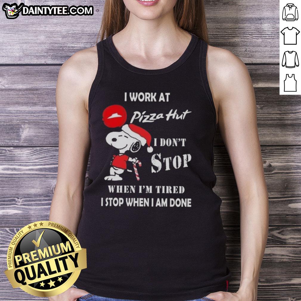 Funny Snoopy tank top with I Work At Pizza Hut quote, perfect for Christmas, showcasing a playful and festive design.