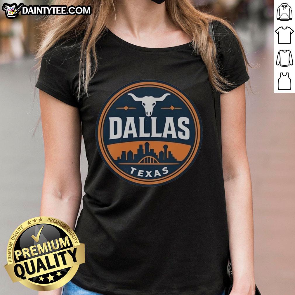 Funny vintage Dallas Texas western skyline retro ladies tee featuring a playful graphic design and vibrant colors.