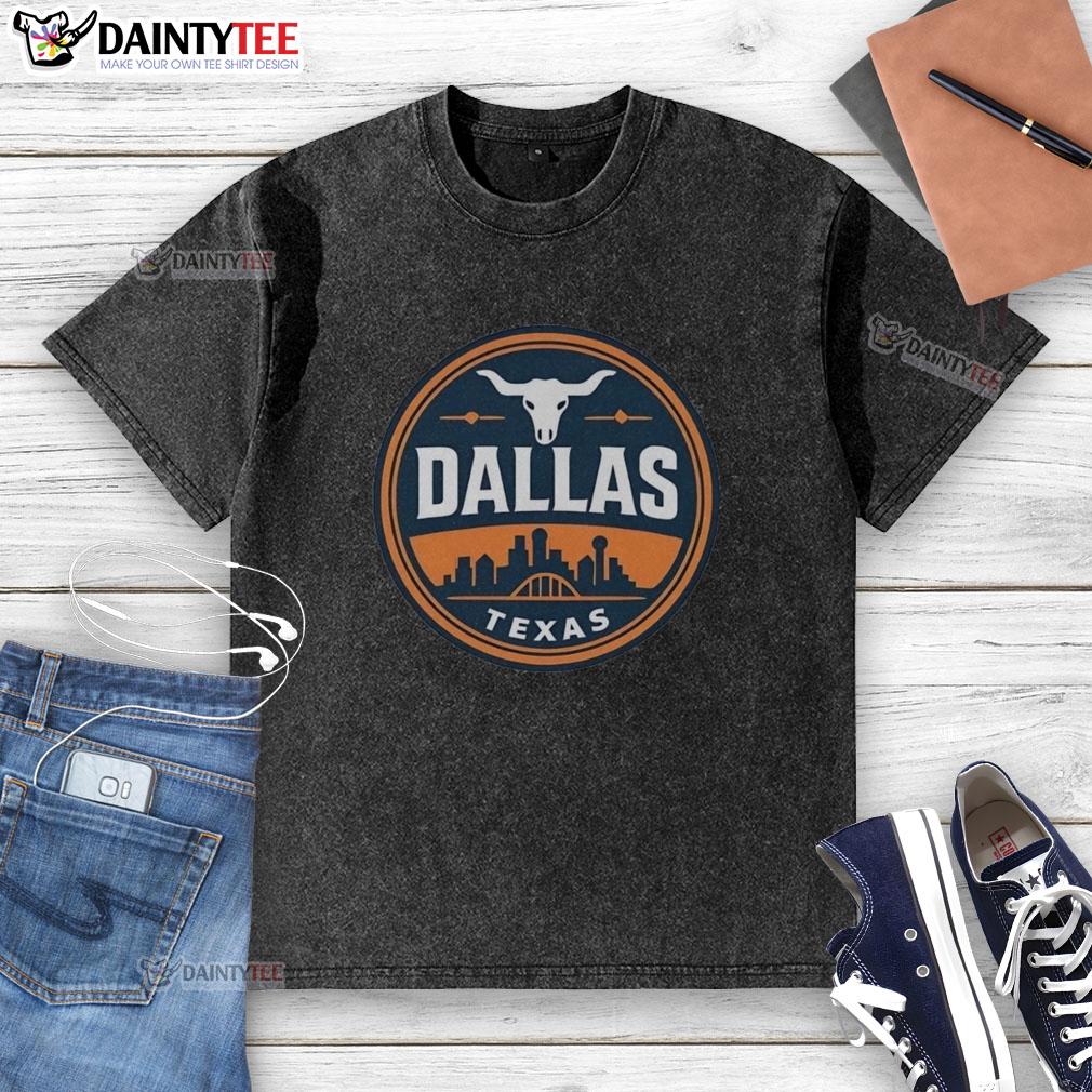 Funny vintage Dallas Texas western skyline retro washed t-shirt design featuring a colorful skyline and playful graphics.