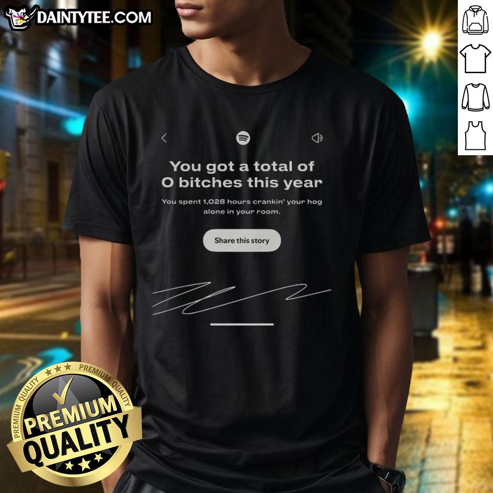 Funny Spotify Wrapped meme T-shirt showing '0 Bitches This Year' for humorous music lovers and meme enthusiasts.