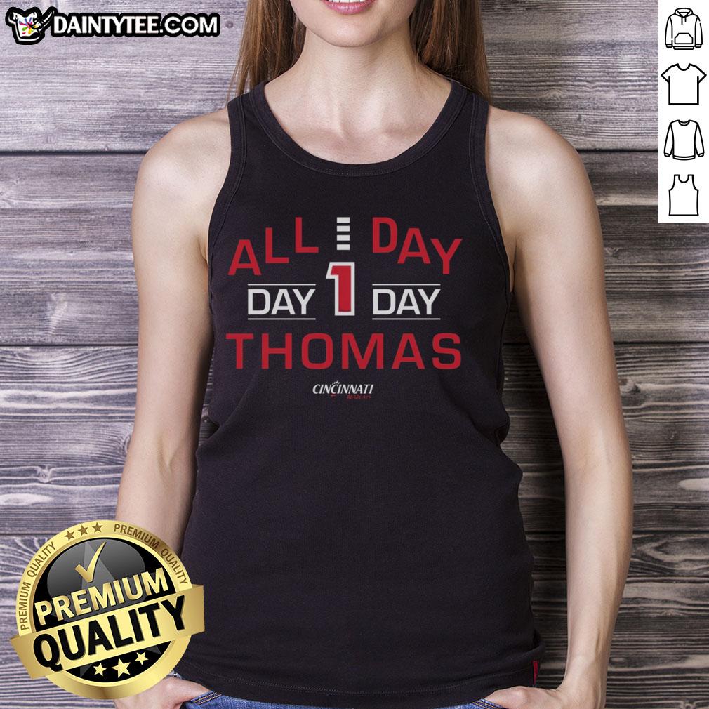 Good All Day Day 1 Thomas Cincinnati Bearcats tank top featuring bold team colors and logo for ultimate fan style.
