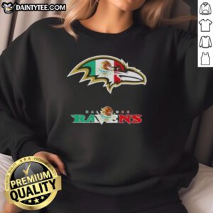 Alt Text: Baltimore Ravens football sweatshirt featuring a vibrant Mexican flag logo, perfect for fans and stylish wear.