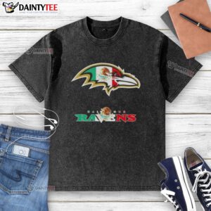 Alt Text: Baltimore Ravens football logo on a washed t-shirt with a Mexican flag design, perfect for fans and casual wear.