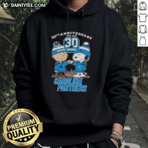 Good Charlie Brown X Snoopy 30th Anniversary hoodie featuring Carolina Panthers skyline, 1995-2025 edition.