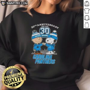 Good Charlie Brown X Snoopy 30th Anniversary sweatshirt featuring Carolina Panthers skyline design for 1995-2025.
