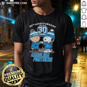 Good Charlie Brown X Snoopy 30th Anniversary T-Shirt celebrating 1995-2025 with Carolina Panthers skyline design.