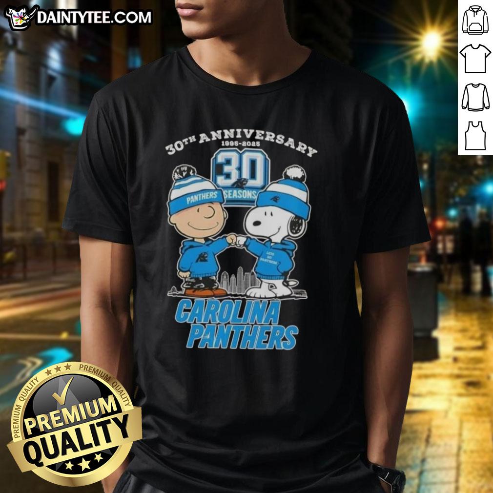 Good Charlie Brown X Snoopy 30th Anniversary T-Shirt celebrating 1995-2025 with Carolina Panthers skyline design.