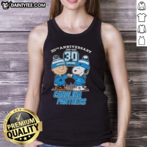 Good Charlie Brown X Snoopy 30th Anniversary tank top featuring Carolina Panthers skyline design for 1995-2025.