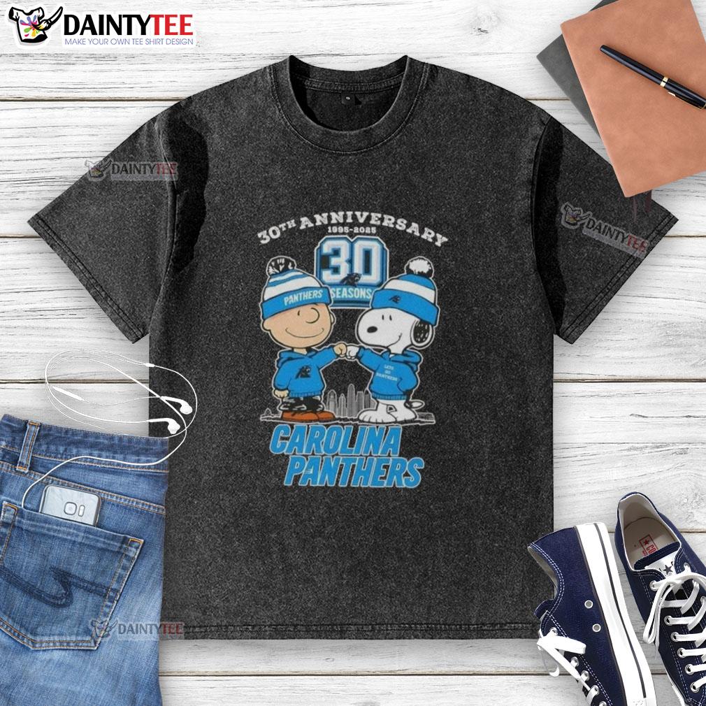 Good Charlie Brown X Snoopy 30th Anniversary T-Shirt featuring Carolina Panthers skyline design, perfect for fans.