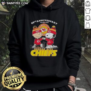 Alt Text: Good Charlie Brown X Snoopy 66th Anniversary Hoodie featuring Kansas City Chiefs skyline design, 1960-2026.