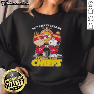 Alt Text: Good Charlie Brown X Snoopy 66th Anniversary sweatshirt featuring Kansas City Chiefs skyline design, 1960-2026.