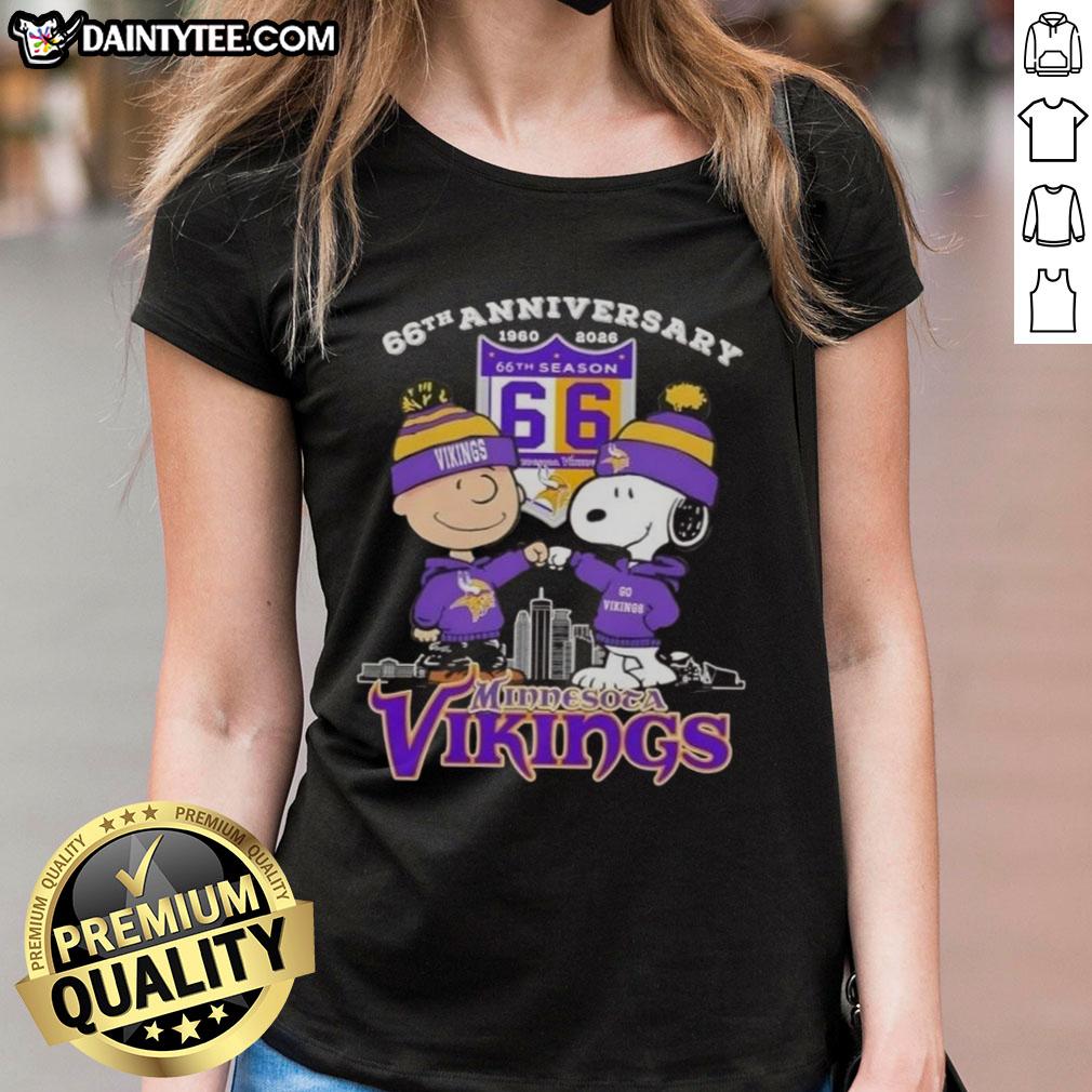 Alt Text: Good Charlie Brown X Snoopy 66th Anniversary tee featuring Minnesota Vikings skyline design for ladies, 1960-2026.