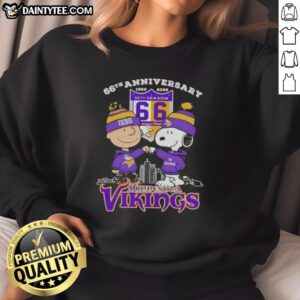 Good Charlie Brown X Snoopy 66th Anniversary Minnesota Vikings Skyline Sweatshirt featuring iconic characters and vibrant design.