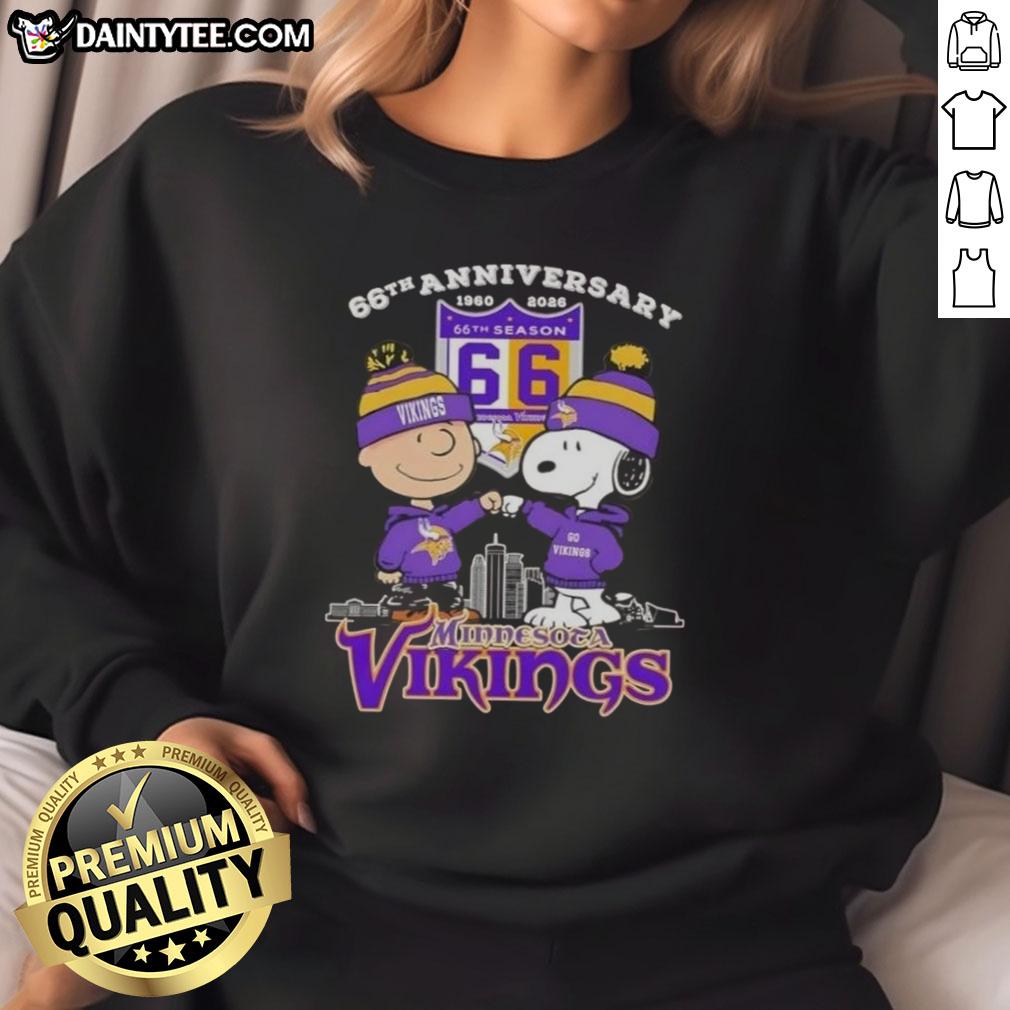 Good Charlie Brown X Snoopy 66th Anniversary Minnesota Vikings Skyline Sweatshirt featuring iconic characters and vibrant design.