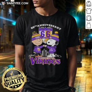 Good Charlie Brown X Snoopy 66th Anniversary T-shirt featuring Minnesota Vikings skyline, celebrating 1960-2026.