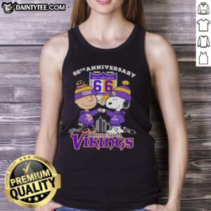 Good Charlie Brown X Snoopy 66th Anniversary tank top featuring Minnesota Vikings skyline design, celebrating 1960-2026.