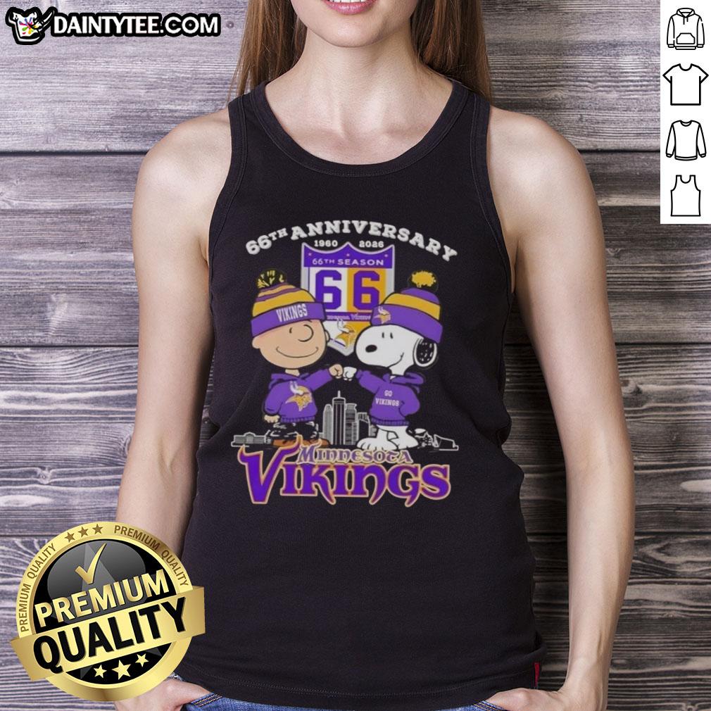 Good Charlie Brown X Snoopy 66th Anniversary tank top featuring Minnesota Vikings skyline design, celebrating 1960-2026.