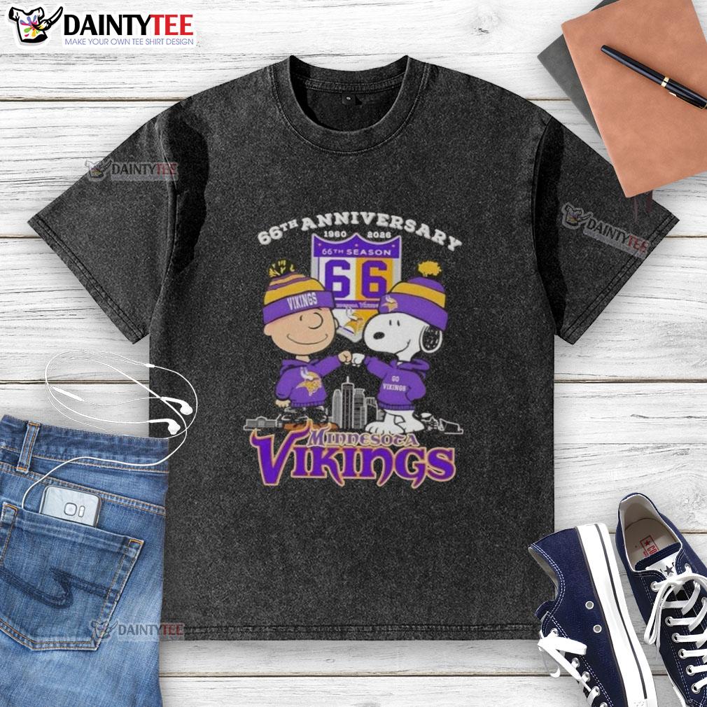 Good Charlie Brown X Snoopy 66th Anniversary T-shirt featuring Minnesota Vikings skyline, perfect for fans.