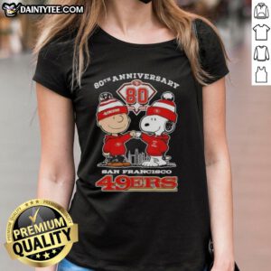 Alt Text: Good Charlie Brown X Snoopy 80th Anniversary tee featuring San Francisco 49ers skyline, perfect for fans.
