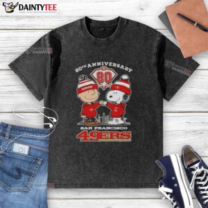 Good Charlie Brown X Snoopy 80th Anniversary T-Shirt featuring San Francisco 49ers skyline design, 1946-2026.