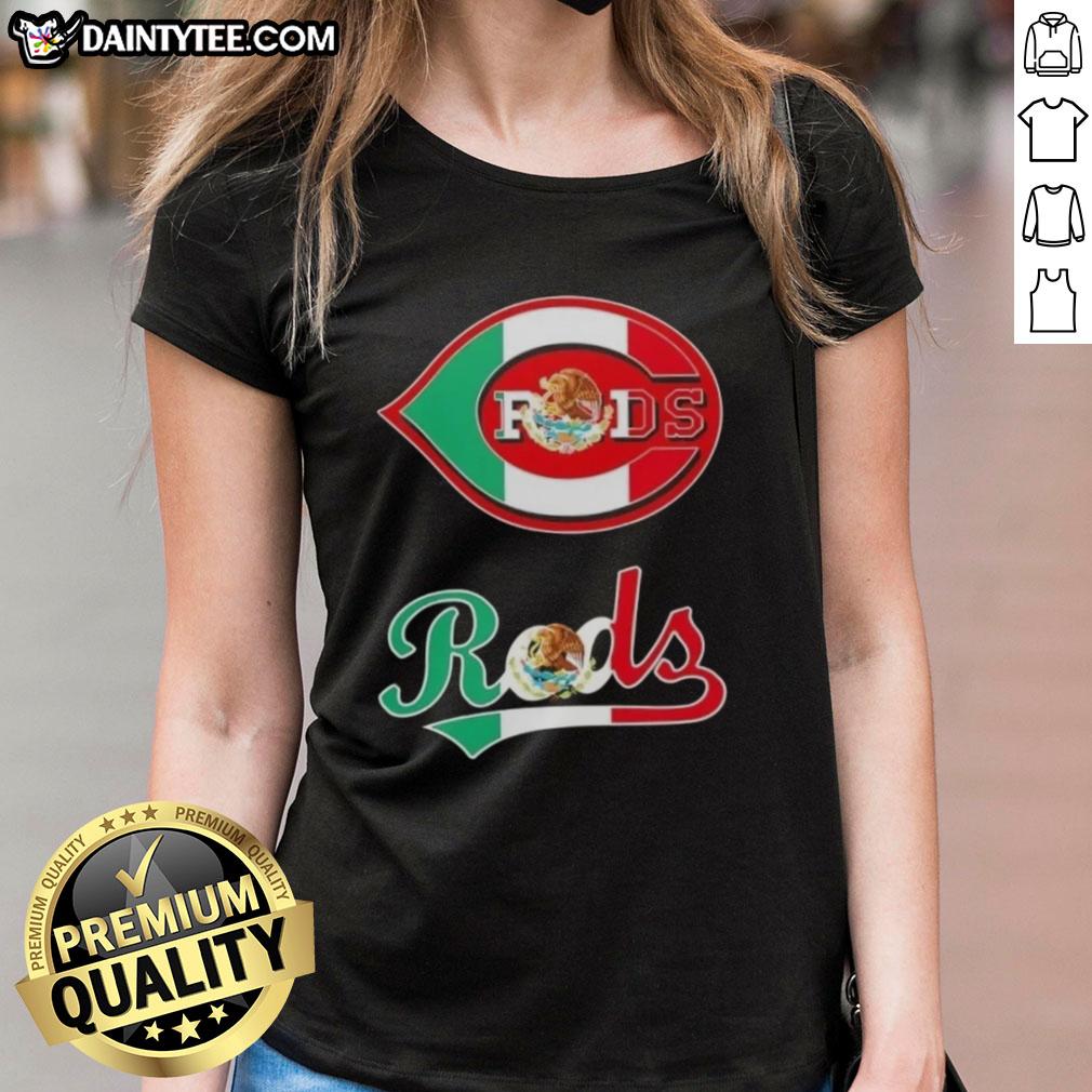 Good Cincinnati Reds baseball ladies tee featuring a vibrant Mexican flag design, perfect for fans and summer wear.