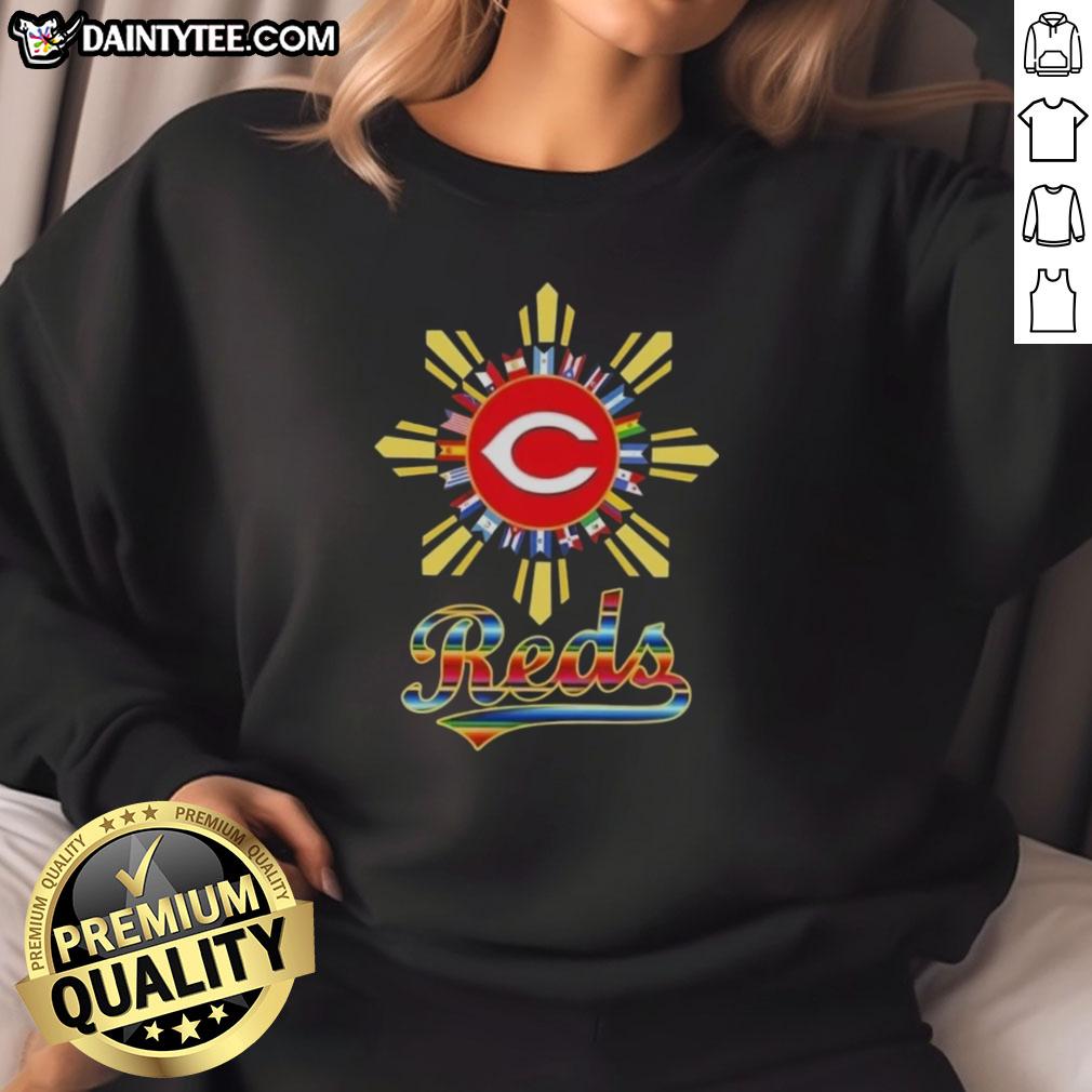 Good Cincinnati Reds X Hispanic sweatshirt featuring team colors and vibrant design, perfect for fans and cultural pride.